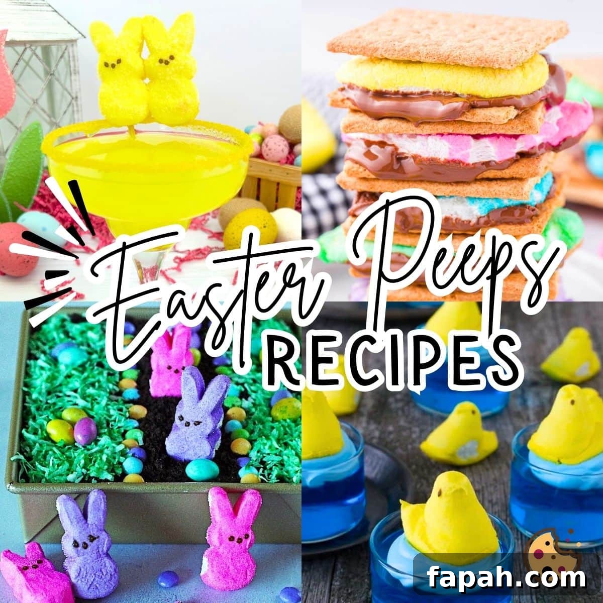 20 Creative Recipes Featuring Marshmallow Easter Peeps 18 A collage of Easter peeps recipes, dirt cake, jello cups, smores, and peeps rice krispie treats.
