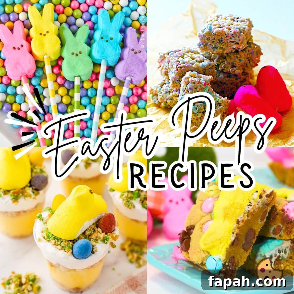 20 Creative Recipes Featuring Marshmallow Easter Peeps 6 A collage of Easter peeps recipes, pudding cups, peeps cookie bars, and peeps rice krispie treats.