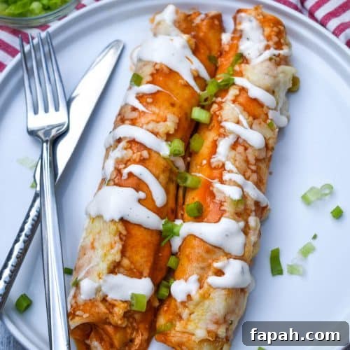 two buffalo chicken enchiladas topped with a drizzle of ranch dressing and sliced green onions on a white plate