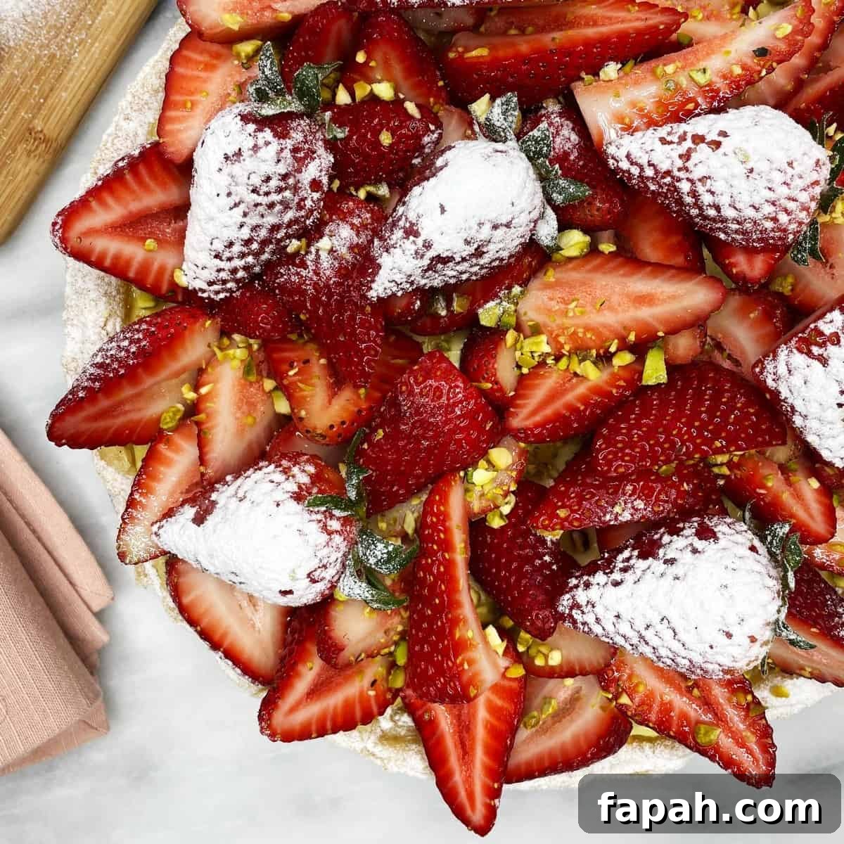 Classic French Strawberry Tart Recipe (Tarte aux Fraises) 2 Decorated tarte aux fraises with strawberries partially sprinkled with icing sugar: Overhead view