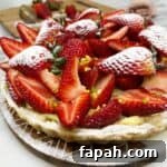 Classic French Strawberry Tart Recipe (Tarte aux Fraises) 14 French strawberry tart decorated with fresh strawberries and sprinkled with icing sugar and chopped pistachios.