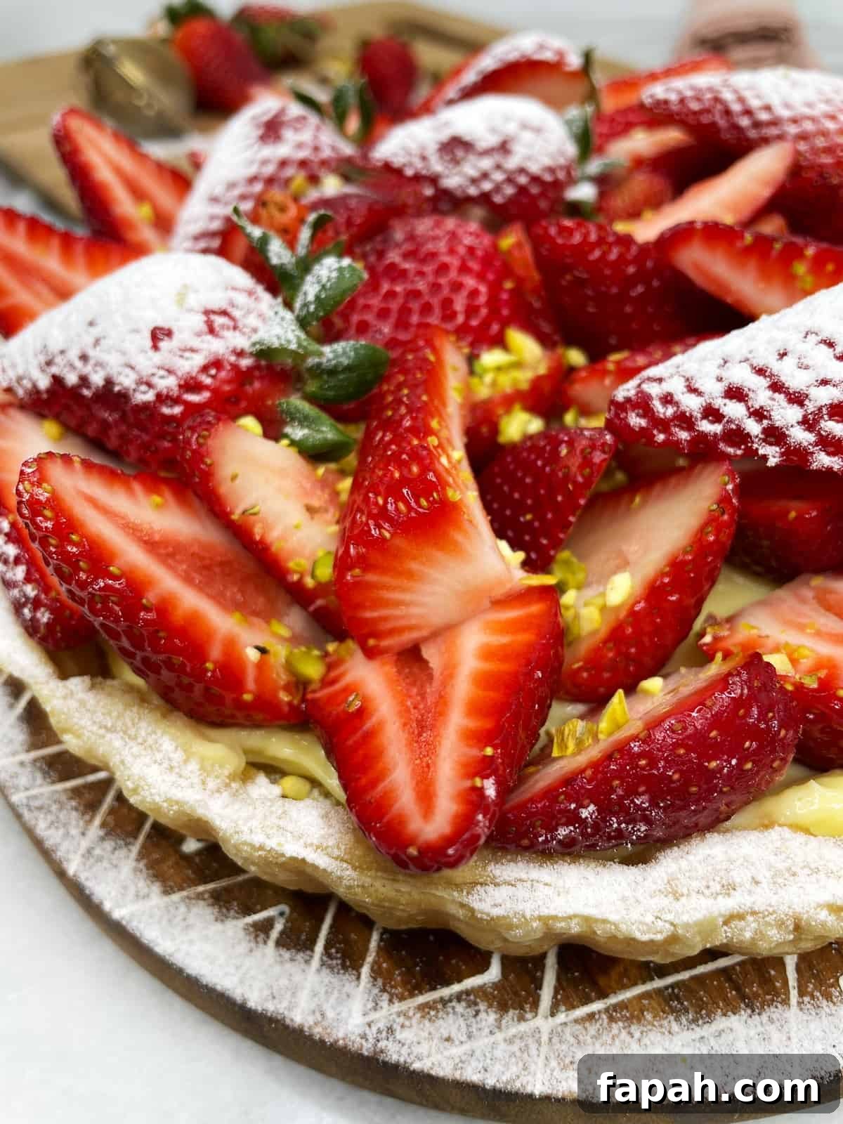 Classic French Strawberry Tart Recipe (Tarte aux Fraises) 3 French tart topped with fresh strawberries and dusted with icing sugar on a marble board