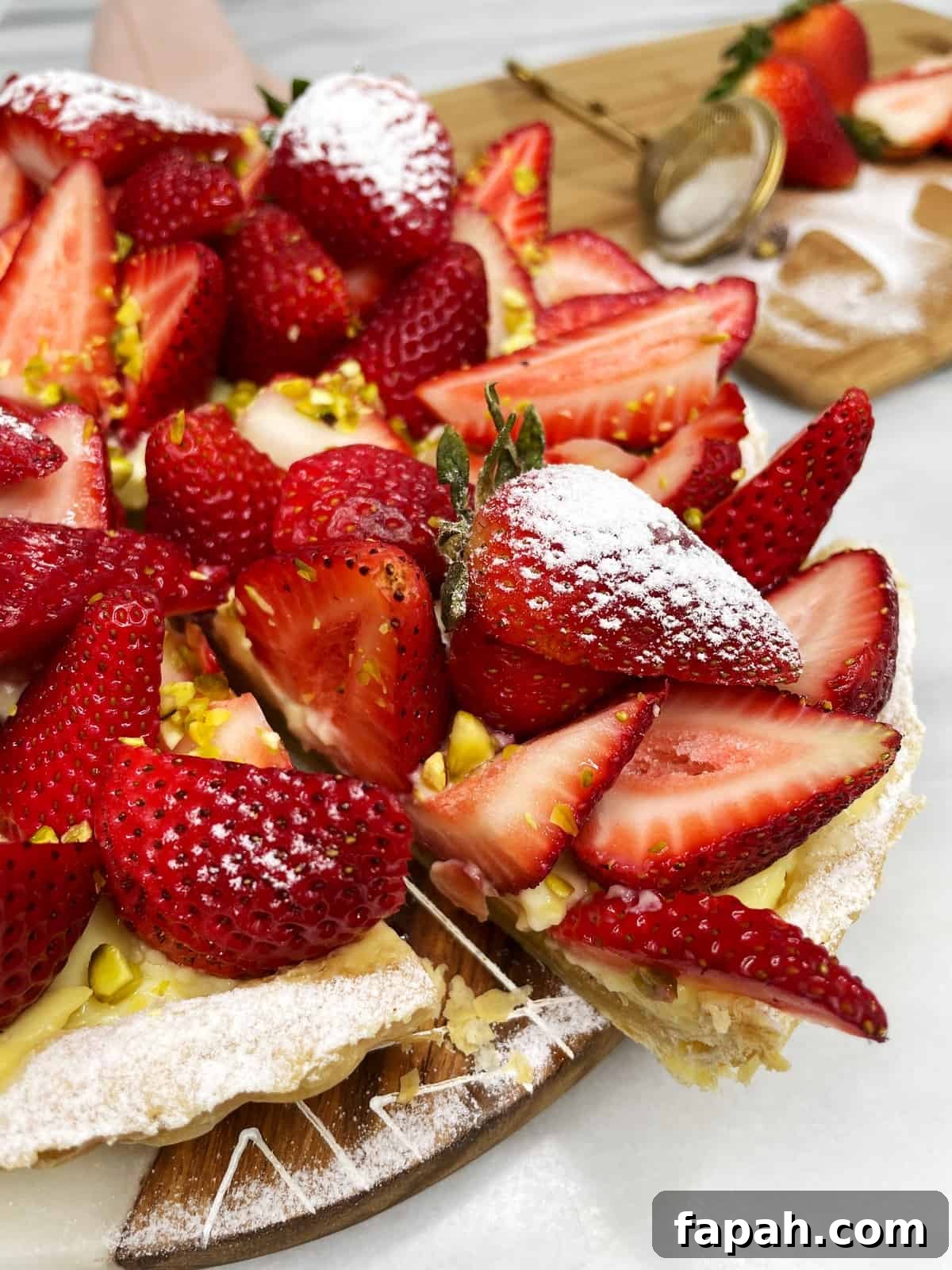 Classic French Strawberry Tart Recipe (Tarte aux Fraises) 5 Sliced French strawberry tart with fresh berries and pistachios on top and a board with strawberries
