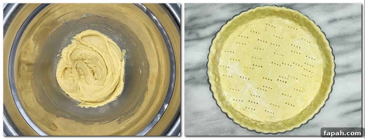Classic French Strawberry Tart Recipe (Tarte aux Fraises) 6 Photo 1: Almond cream in a bowl Photo 2: Pricked puff pastry into a tart pan