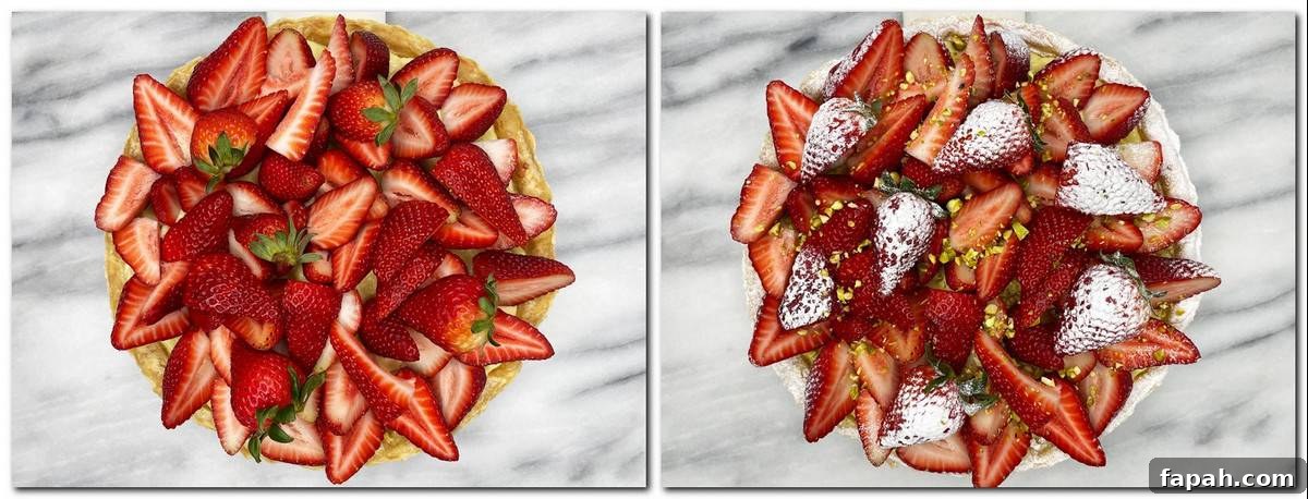 Classic French Strawberry Tart Recipe (Tarte aux Fraises) 9 Photo 7: Tart decorated with strawberries Photo 8: Tart with fresh berries, icing sugar, and pistachios