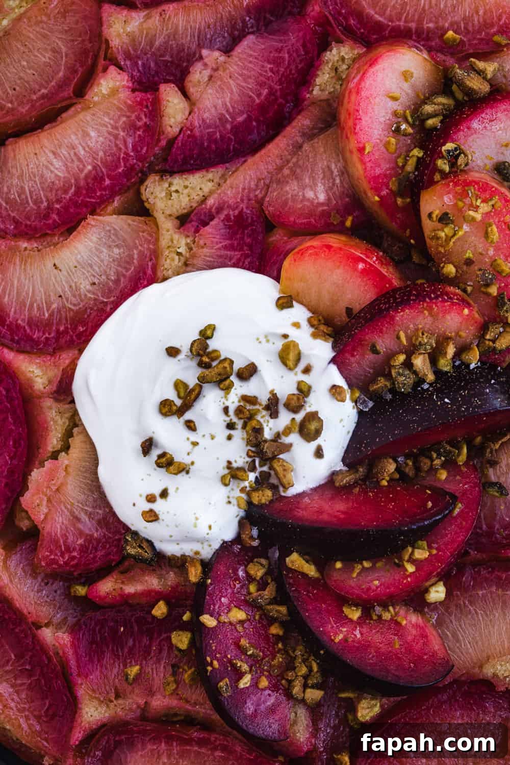 Close-up of plum upside-down cake just out of the oven, topped with yogurt and pistachios.