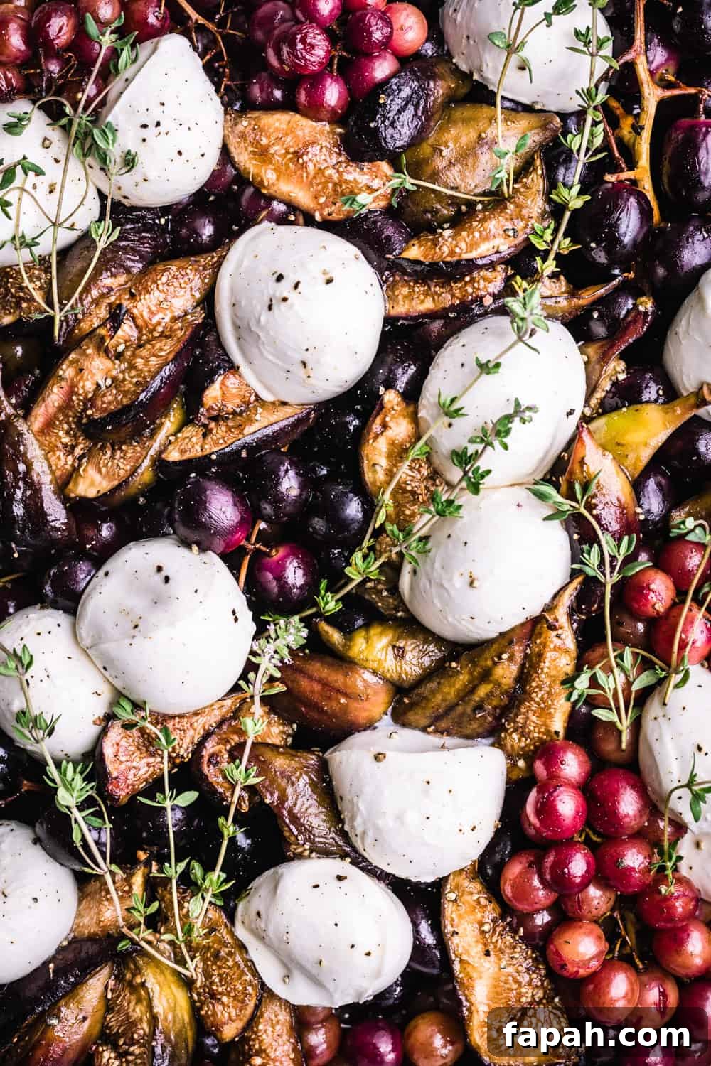 Grapes with figs, burrata and fresh herbs, pre-roasting.