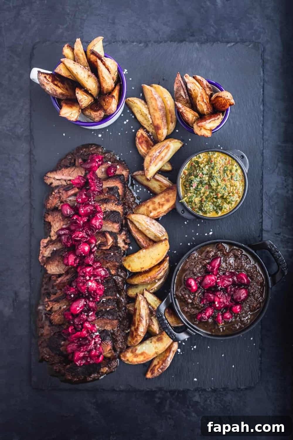 Thinly sliced brisket with cranberry sauce and roasted potatoes, overhead shot.