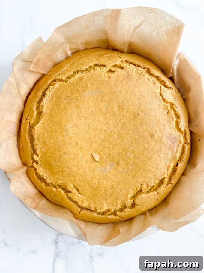Pumpkin Cheesecake with Gingersnap Graham Cracker Crust Recipe 11 Pumpkin cheesecake pie after baking.
