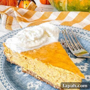 Pumpkin Cheesecake with Gingersnap Graham Cracker Crust Recipe 13 A slice of Pumpkin Cheesecake with Gingersnap Graham Cracker Crust on a plate.