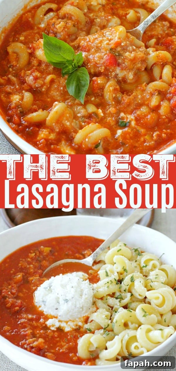 Hearty Lasagna Soup with Italian Sausage and Mozzarella 6 The Best Lasagna Soup Recipe | Foodtastic Mom #lasagnasoup #souprecipes #lasagna #bestlasagnasoup #soup