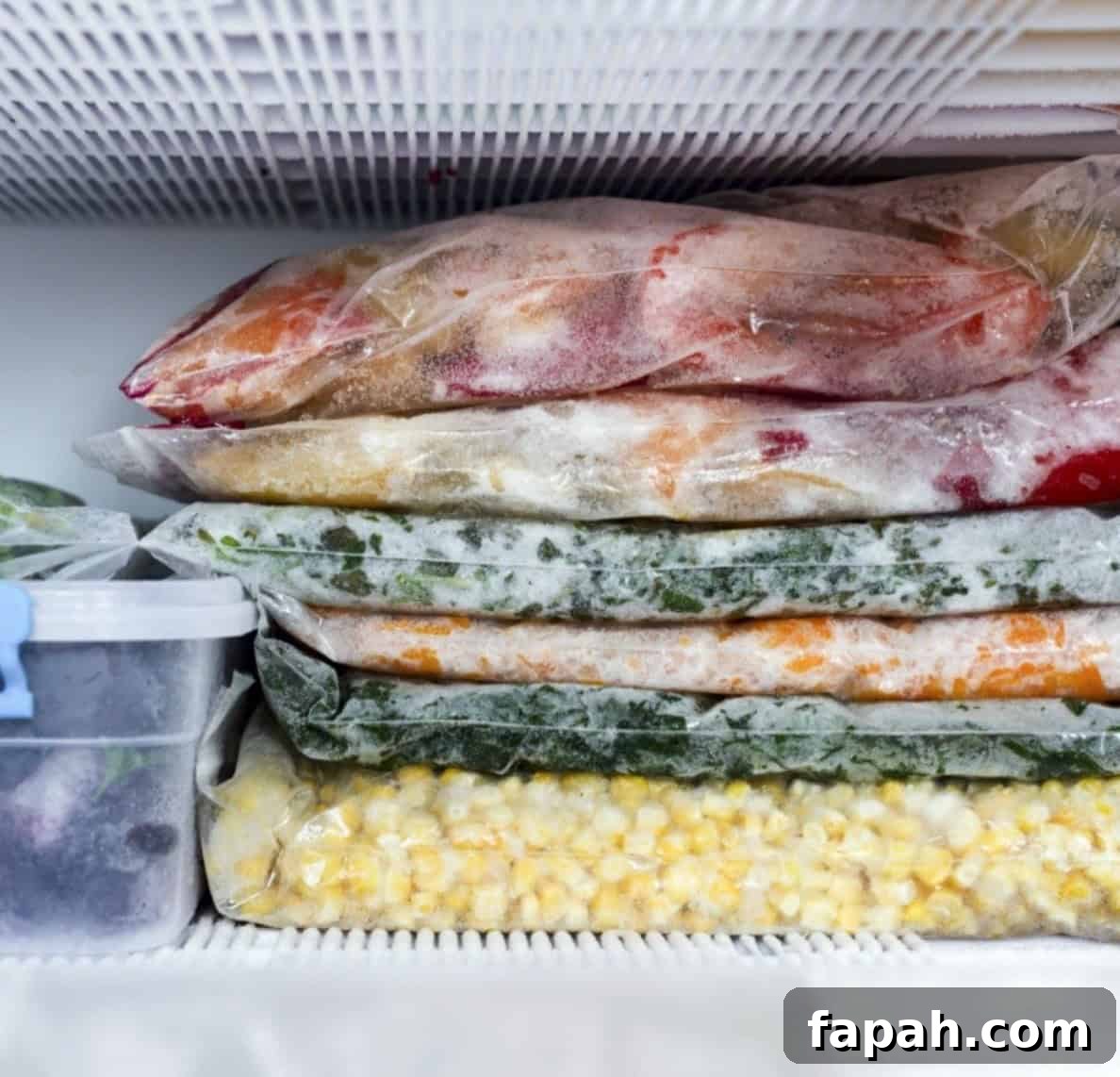 freezer meals stacked in the freezer