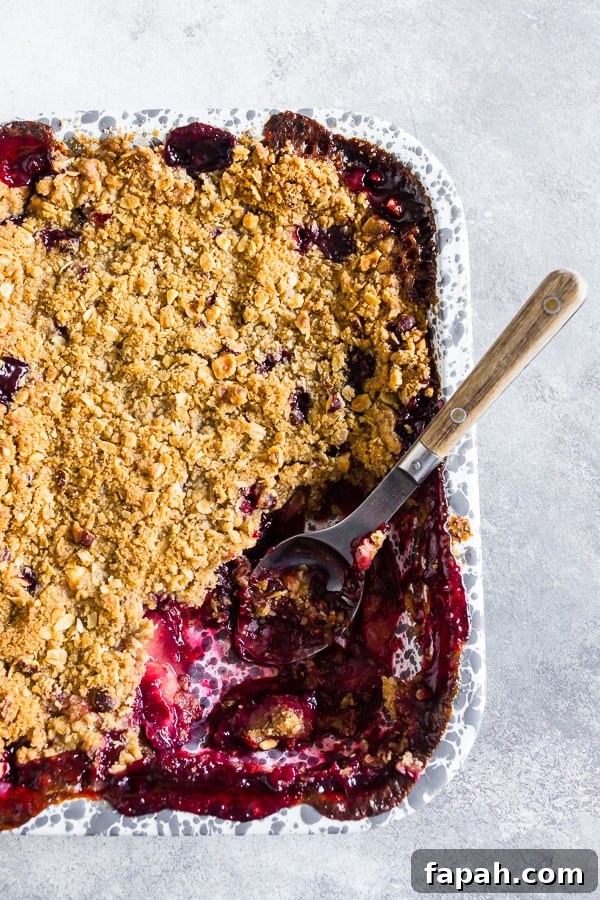 Cardamom Vanilla Plum Crisp with Almond Oat Streusel 3 Cardamom Vanilla Plum Crisp in a baking dish.