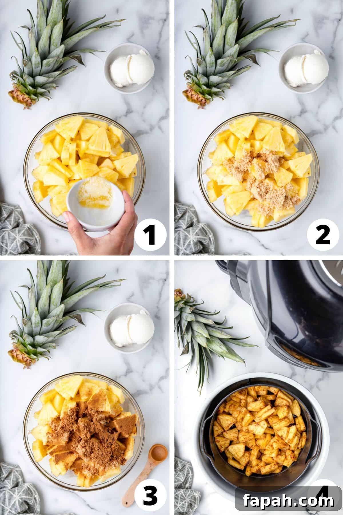 collage of recipe steps for making pineapple in the air fryer