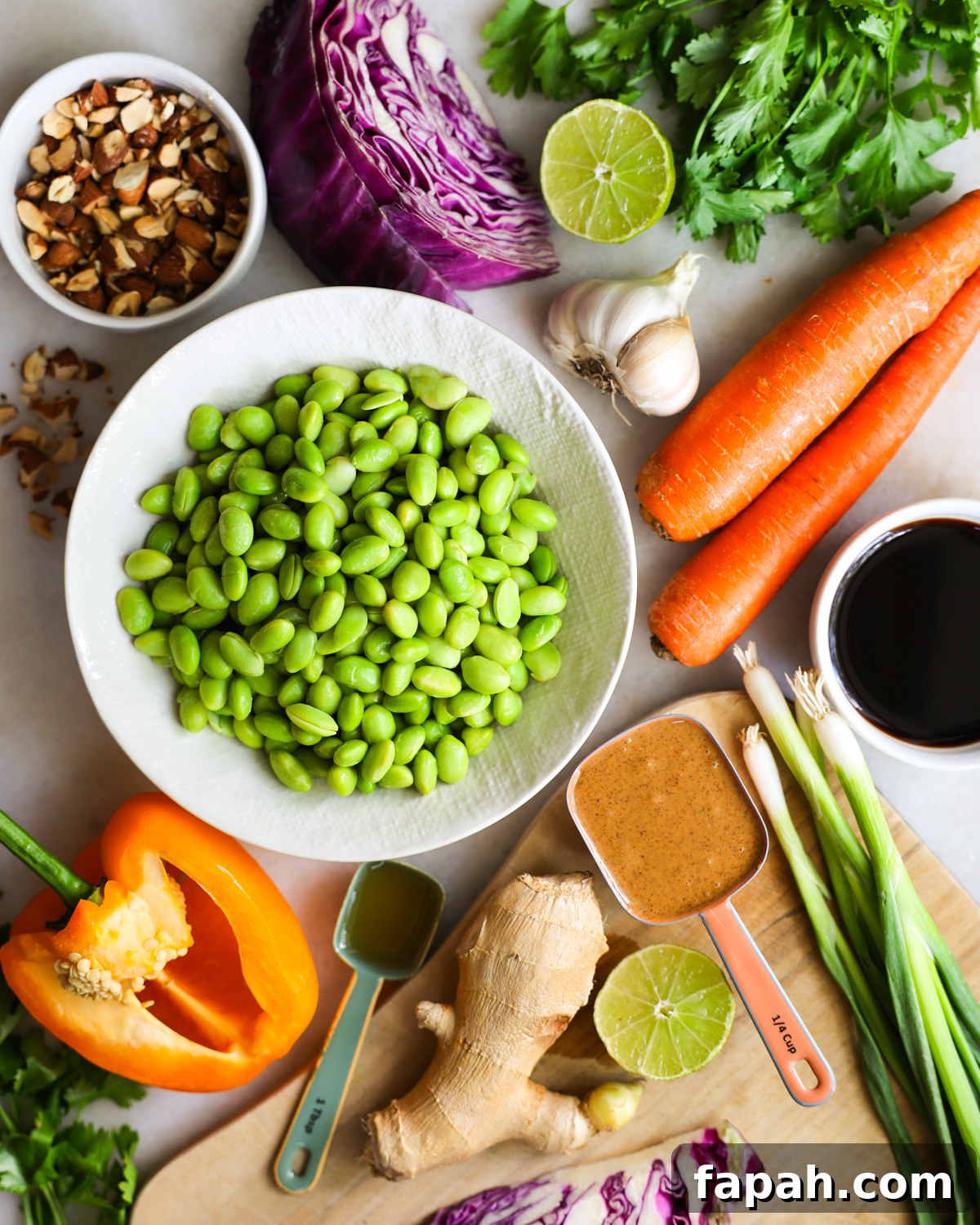 Crisp Edamame Salad with Lemon-Ginger Vinaigrette 3 All of the ingredients to make edamame salad on the counter.