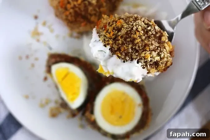 These baked scotch eggs are the perfect party appetizer! Serve them with my shallot yogurt dip; your guests will definitely come back for more! | honeyandbirch.com