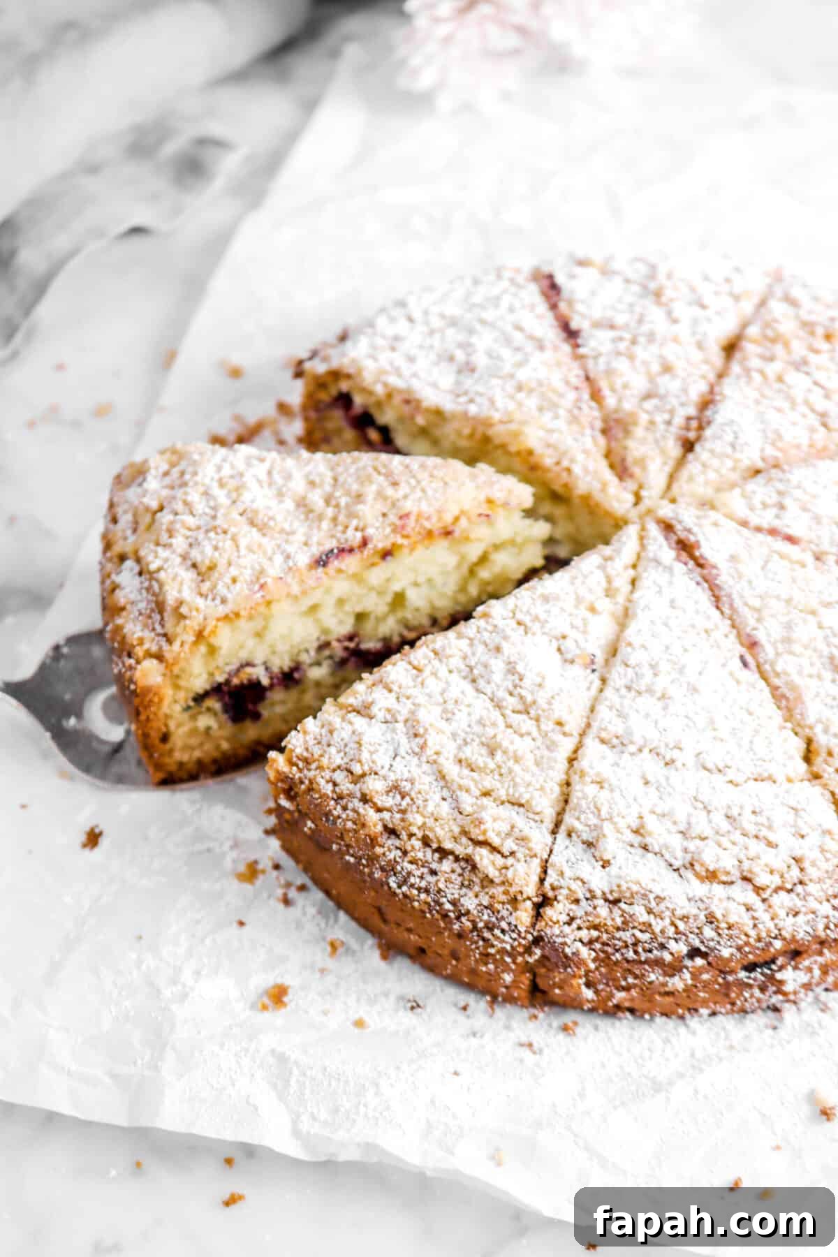 close up of coffee cake cut into eight slices on parchment paper