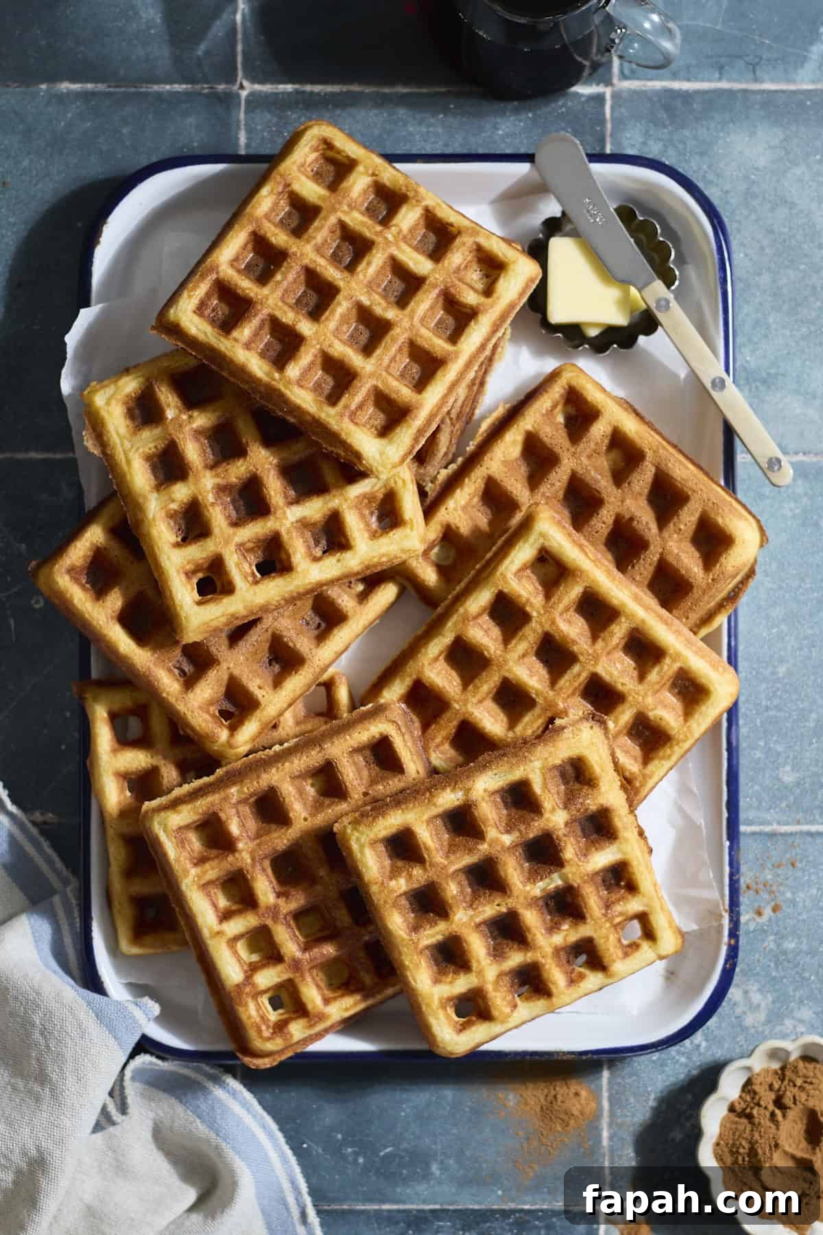 A tray of Sourdough Cornmeal Waffles.