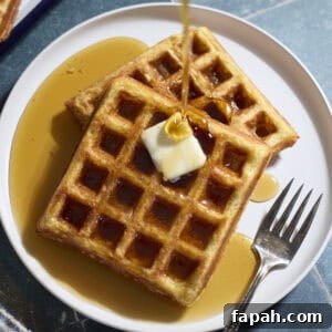 Sourdough Cornmeal Waffles with syrup being poured on top.