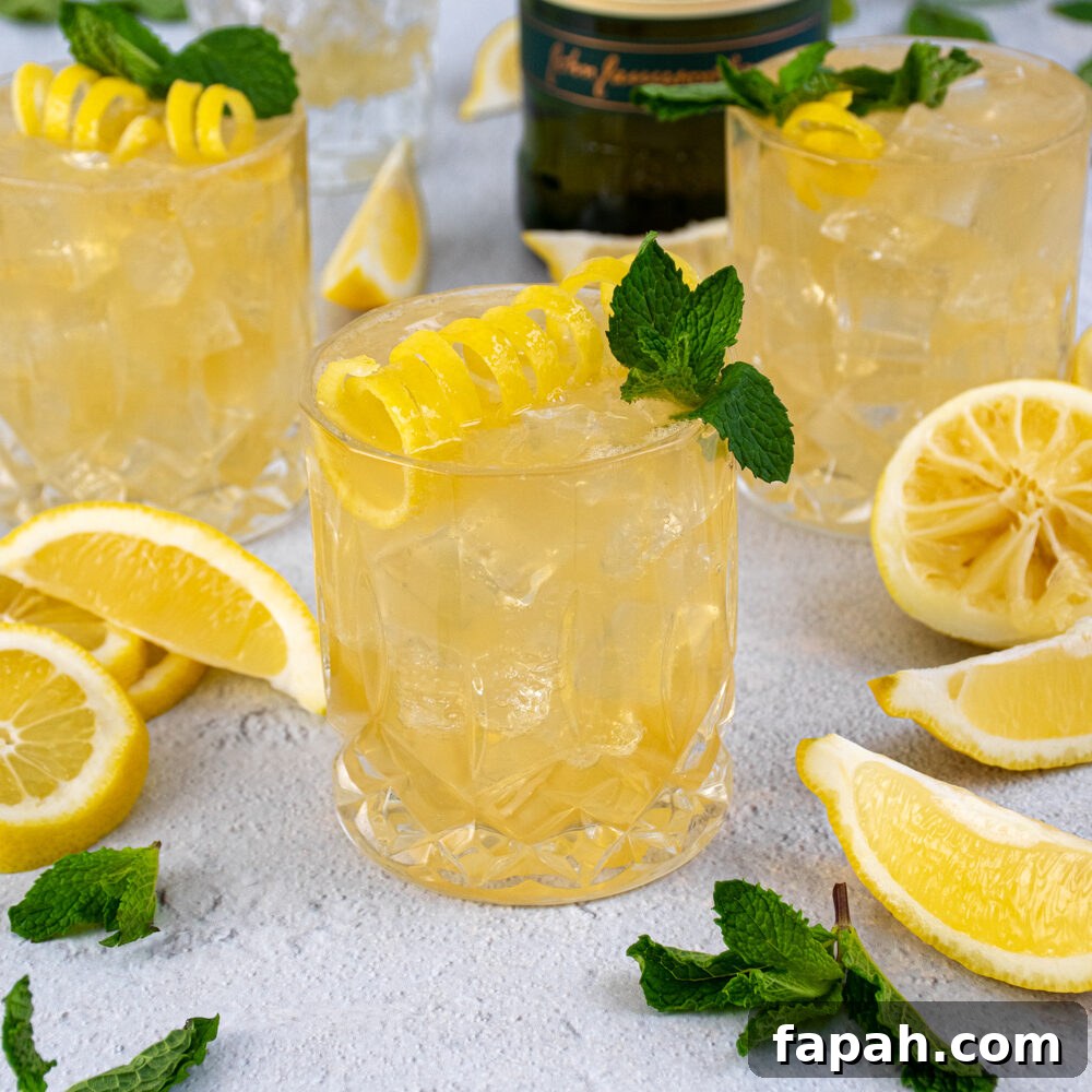 Arugula & Roasted Golden Beet Salad with Citrus Vinaigrette 11 Whiskey glasses on a table filled with ice and Irish Lemonades, garnished with lemon peel and mint leaves.