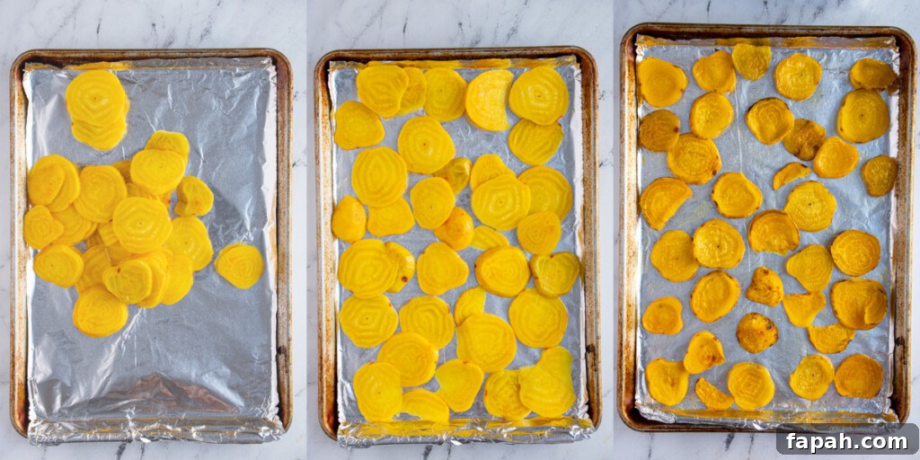 Arugula & Roasted Golden Beet Salad with Citrus Vinaigrette 5 Sheet pan showing the process of roasting golden beets.