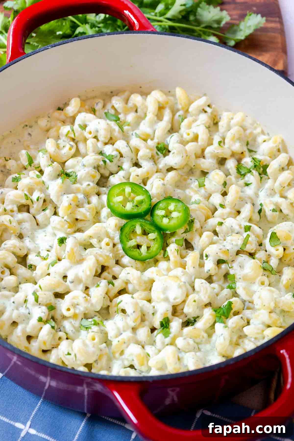 Creamy Jalapeño Ranch Pasta Recipe for a Flavorful Weeknight Meal 2 Cooked pasta in a creamy sauce, topped with sliced jalapeños and herbs.