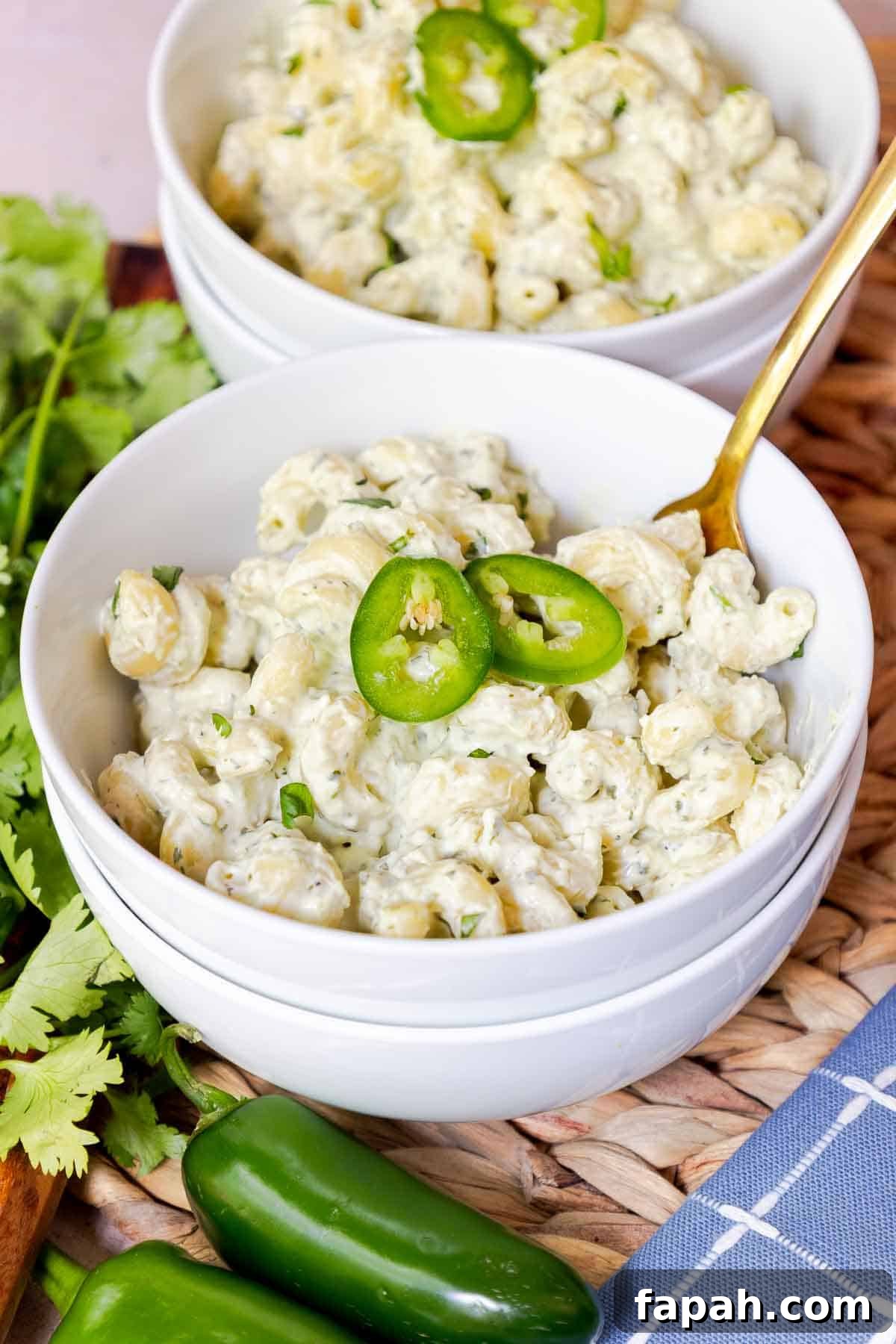 Creamy Jalapeño Ranch Pasta Recipe for a Flavorful Weeknight Meal 12 Bowl of creamy jalapeño cellentani pasta.