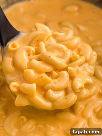Close up of a spoonful of crockpot Velveeta mac and cheese with tender elbow macaroni covered in thick melted cheese sauce. The glossy texture shows how rich and creamy the dish is.