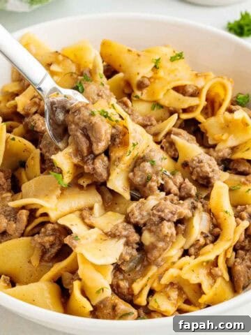 Ground beef egg noodles topped with parsley served in a bowl with a fork lifting cooked noodles and saucy beef.