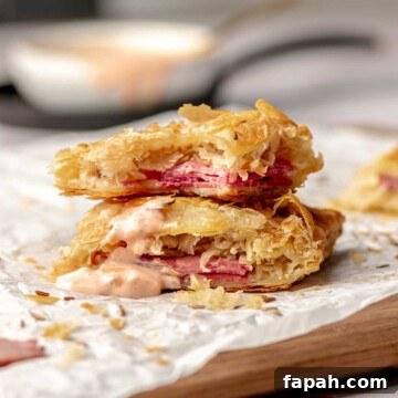 Reuben hand pies cut in half and stacked on top of each other.