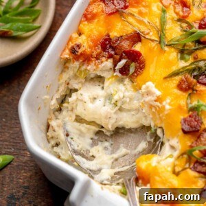 Cheesy Chicken Bacon Ranch Dip — Oven or Crockpot Recipe 14 A spoon scoops out a spoonful of chicken bacon ranch dip from the corner of a casserole dish.