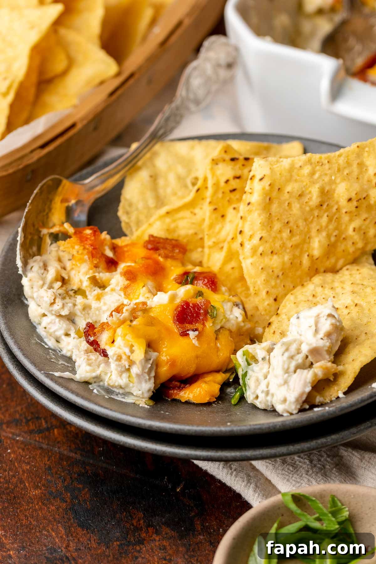 Cheesy Chicken Bacon Ranch Dip — Oven or Crockpot Recipe 9 Chips and chicken bacon ranch dip on a plate.