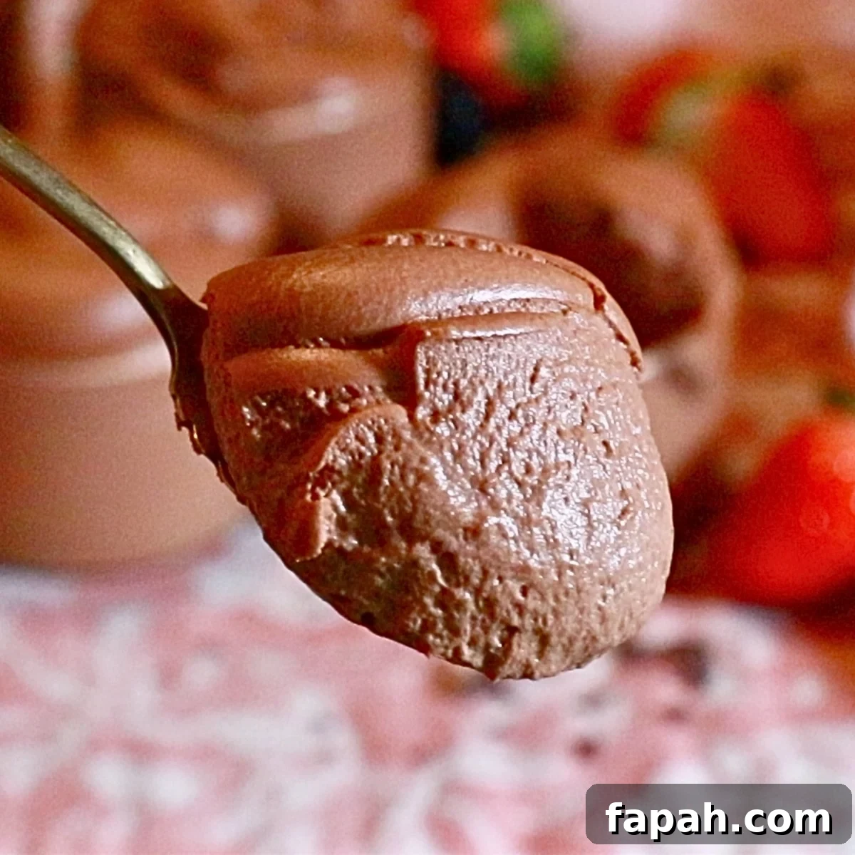 Decadent Chocolate Mousse Recipe for Silky, Airy Dessert 3 fluffy chocolate mousse on a spoon