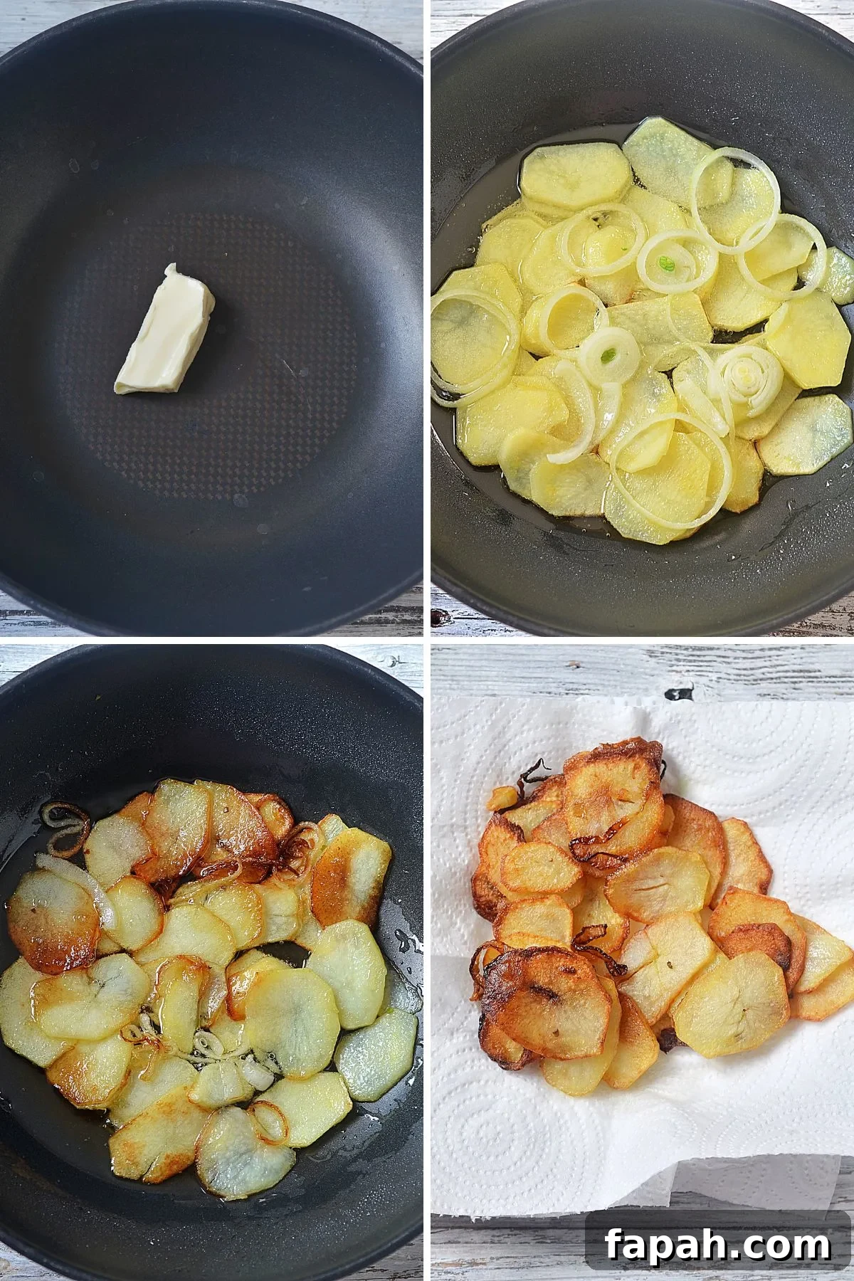 A collage of images showing how to fry potatoes and onions.