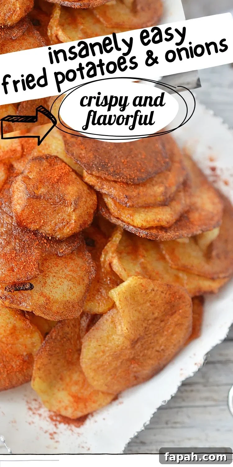 A plate of fried potatoes and onions with text overlay.