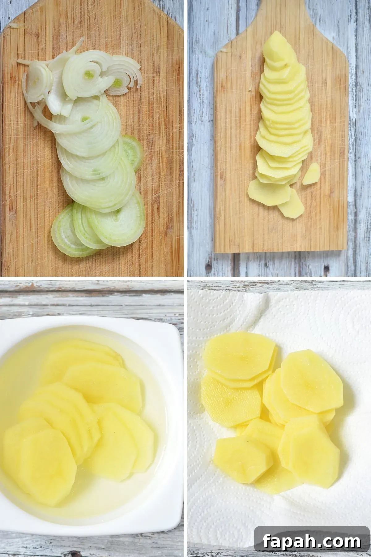 Collage of images showing the first few steps of how to make fried potatoes and onions.