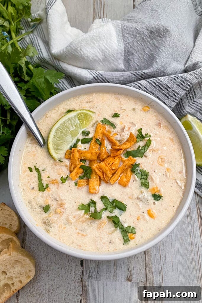 Stovetop Mexican Chicken Corn Chowder served with tortilla strips, chopped cilantro, and a lime wedge