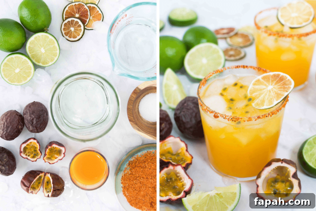 Collage of two images showing ingredients to make a margarita with passion fruit and the final cocktail surrounded by ingredients