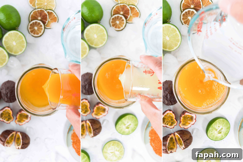 Collage of three images showing how to mix the ingredients for a passion fruit margarita from above
