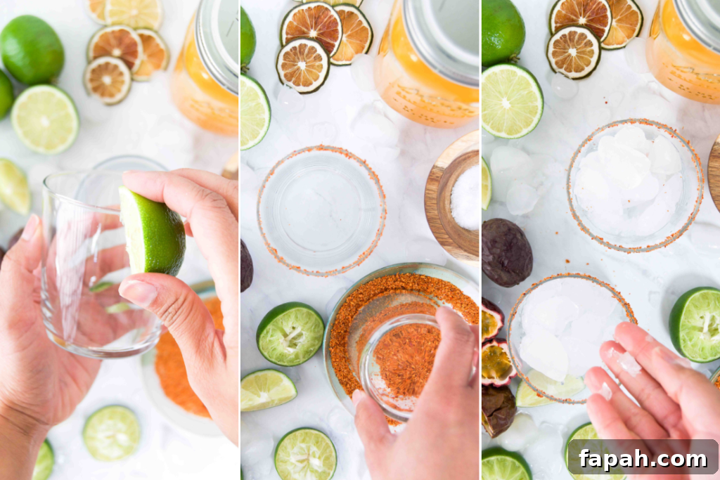 Collage showing how to rim a glass with tajin