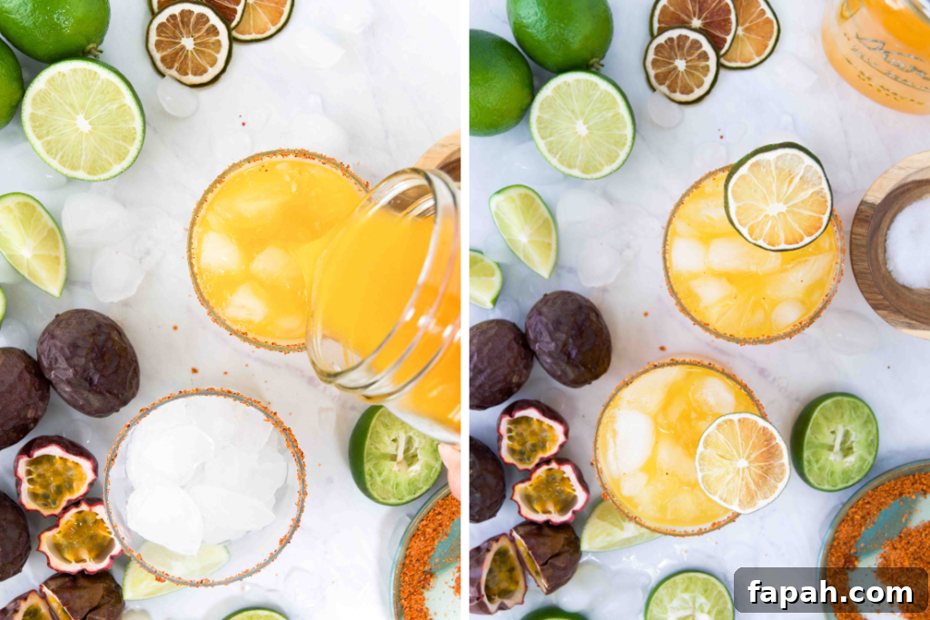 Collage of two images showing a passion fruit margarita being poured into a glass and two glasses surrounded by ice, limes and passion fruits