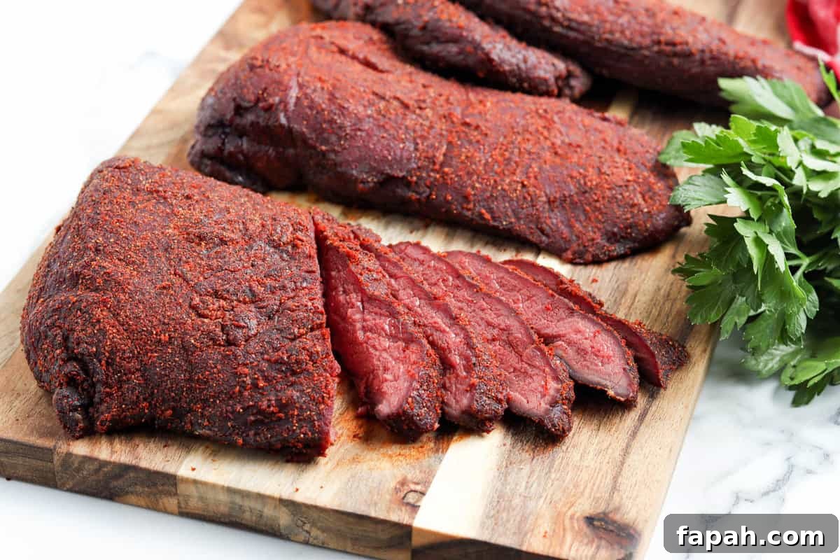 Slices of Smoked Venison Roast on Cutting Board