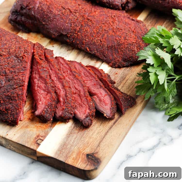 Smoked Deer Roast Recipe Sliced on Cutting Board