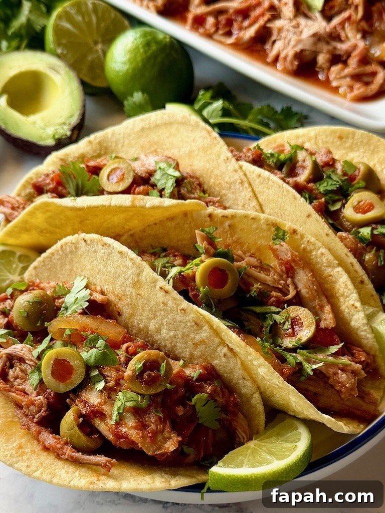 Spanish pulled pork in soft tacos.