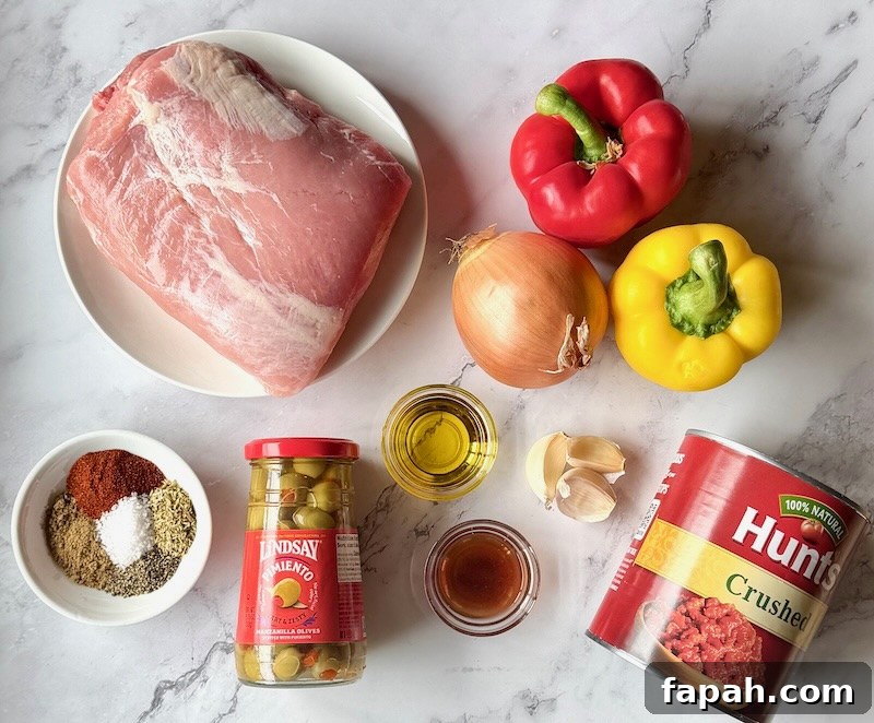 Ingredients displayed for Slow Cooker Spanish Pulled Pork.