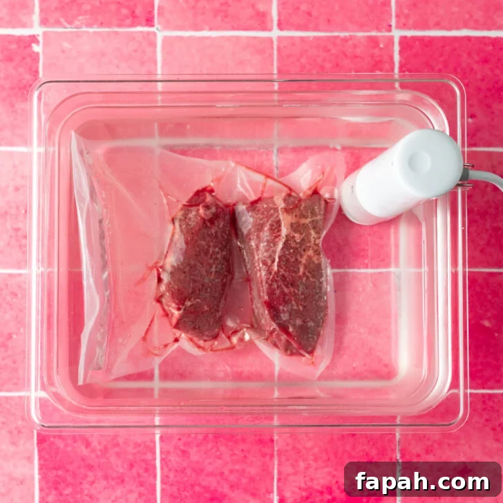 Sous Vide vs Slow Cooker: Which Method Makes Better Meals? 2 Vacuum sealed steaks in sous vide water bath on pink surface.
