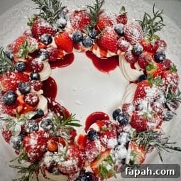 Christmas Wreath Pavlova - full view of a beautiful festive dessert