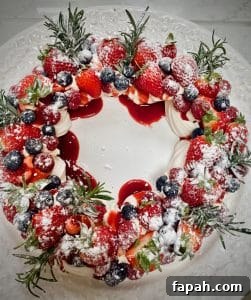 Christmas Wreath Pavlova - full view of a beautiful festive dessert
