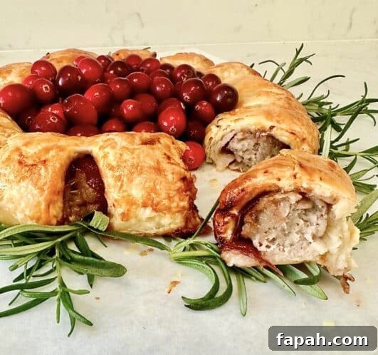 Sausage roll wreath with a section pulled out