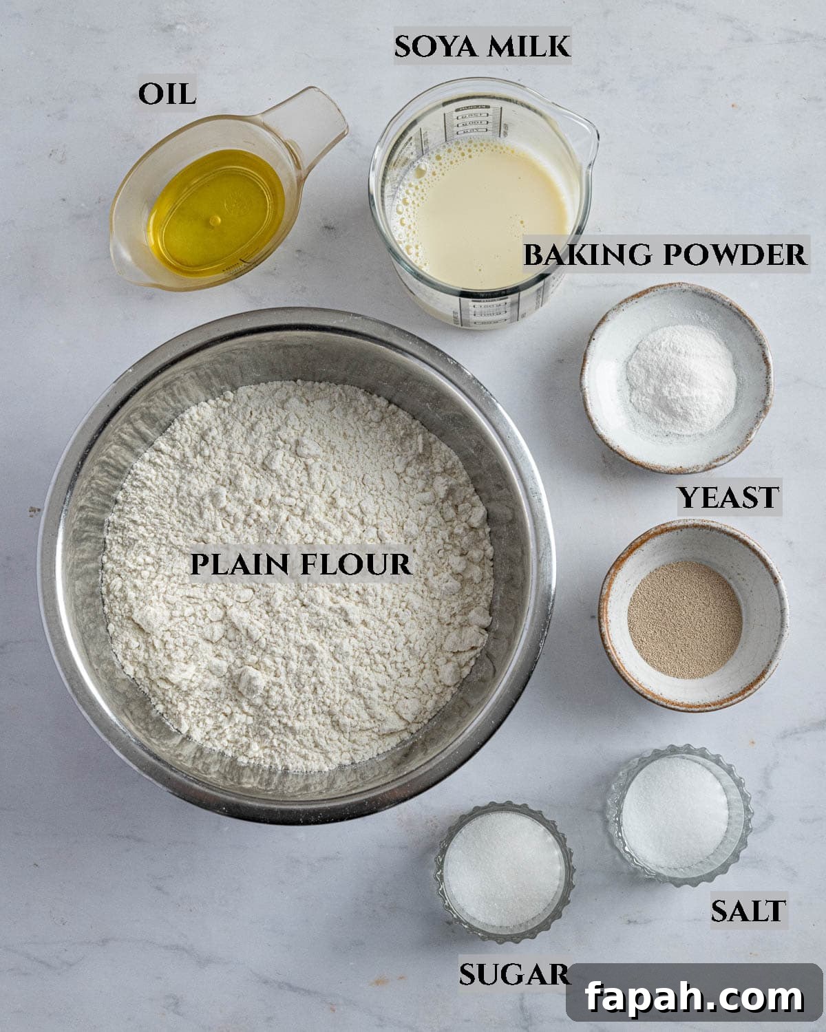 A labelled photo of the ingredients needed to make bao buns.